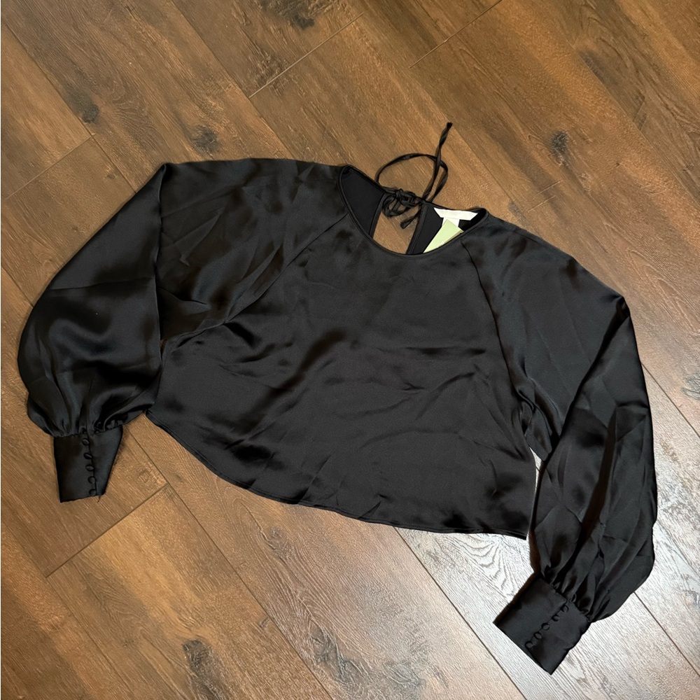 H&M Black Satin Like Crop Top with long sleeves Button cu